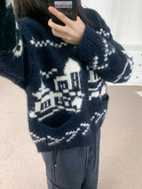 Winter Village House Pattern Knit Zip-Up Cardigan (2 colors)