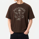 メンズコットン半袖クロップドTシャツ モーターサイクル ブラウン