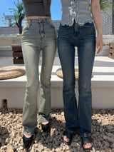 High waist light & deep blue washed bootcut long denim pants (2 colors)
