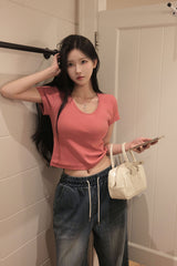 [BELLIDE MADE] Bubble, U-neck semi-cropped short-sleeved T-shirt