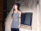 (2color) Bead Shirring Halterneck Stripe Mini Dress