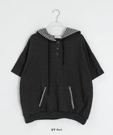 ハカンジチェックカラーボタンフード半袖Tシャツ