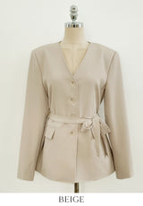 Illy V-neck No Collar Jacket (Belt set)