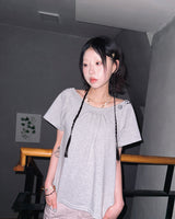 (2color) Check Back Ribbon Off-Shoulder Short Sleeve Tee