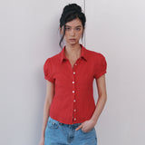 C COTTON JACQUARD HALF BLOUSE_RED