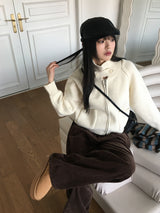 リンネットボタンハイネックポケットニットジップアップ