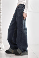 Cuffed cat washing denim pants
