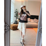 レースフリップレイヤードフェイクツーピースTシャツ