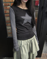 Emyu Star Patch Stripe Long Sleeve T-Shirt