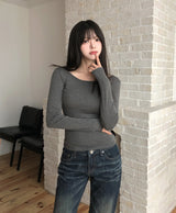 [U-BASIC]オビベーシックスリムUネック長袖Tシャツ