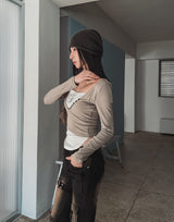 Ash Ribbed Deep Button Layered Long Sleeves