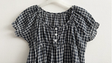 Checkered Ruffle Square Button Short Sleeve Blouse