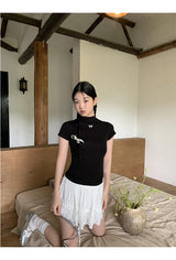 ハーフタートルネックブラックリボンショートスリーブtシャツ