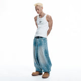 Sun Patch Leopard Balloon Denim Pants - LIGHT BLUE