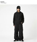 Waffle Crop Fingerhole Zip-up Hoodie Black