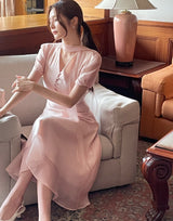Hanin V-neck Chiffon Tie Short Sleeve Long One Piece