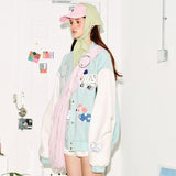 Preppy Accent Mint Cartoon Embroidered Varsity Jacket