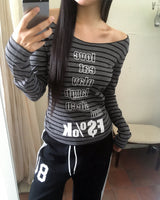 Muang Stripe Printed One-Off Shoulder Long Sleeve T-Shirt