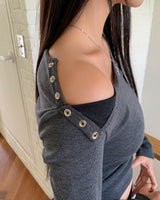 フモスナップボタンリベッドワンオフショルダーロングスリーブTシャツ