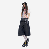 Ruffle-Layer Wide-Leg Denim Bermuda Shorts