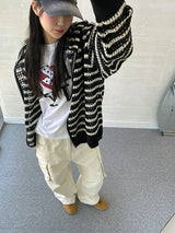 (UNISEX) メッシュストライプクロップドジップアップニット