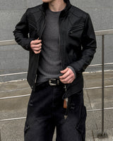 Kale Panel High-Neck Leather Jacket