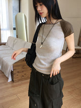 Zver ナグランカラーコンビネーションシースルー半袖Tシャツ
