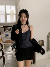 Leopard Sleeveless Blouse + Tie Set (2color)