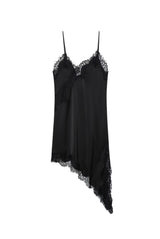 レースサテンアンバランススリップミニドレス (BLACK)