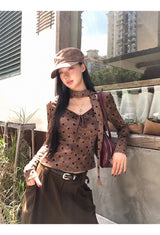 コットンウールスカーフドットブラウン長袖Tシャツ