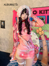 allbubble ピンクワールドレースフードTシャツ