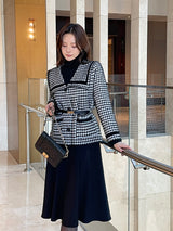Marron Sailor Collar Hound Check Knit Jacket Cardigan