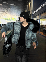 Carrot washed denim embroidered padded coat + black fur
