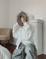 Bite lettering raccoon fur hood zip-up