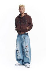 Washed Leather Patch Hooded Zip-Up - Brown