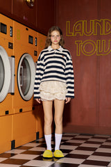 Stripe Rugby Sweat Cropped Collar T-shirt / Navy-Ivory [Women]