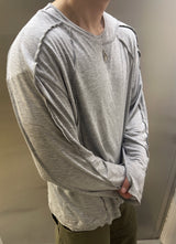 アンバランスネックラインスラッシュカットレイヤードTシャツ(グレー)