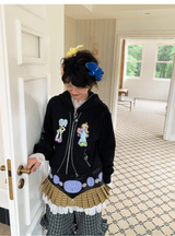 sillysis 黒のかわいい女の子イラスト、両頭金属ジッパー構造感スウェットパーカー