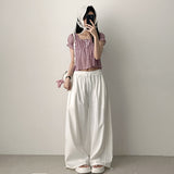 Checkered Ruffle Square Button Short Sleeve Blouse