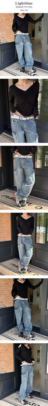 [Unisex] Fringe cargo denim pants(3color)