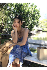blue floral sleeveless chiffon long dress