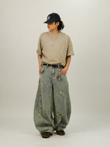 EE CURVED DAMAGE DENIM PANTS