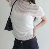 [Mokdin] Mock-Neck Shirred Short-Sleeve T-Shirt - 4 Colors