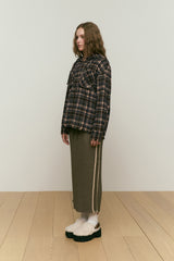 CUT OFF LOOSE-FIT HOODIE SHIRT [BROWN]