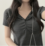 Ruzyn spandex stripe snap short sleeve hoodie