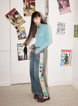 Crochet flower patchwork design, retro washed, loose straight-leg jeans