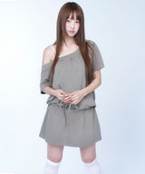 One shoulder shirring top - KHAKI