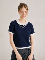 セリーパールフリルリンガーハーフTシャツ ネイビー