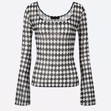 アーガイルメッシュロングスリーブTシャツ (ブラック)