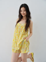 Yellow Floral Print Spaghetti Strap Top and Shorts Set, Island Resort Style